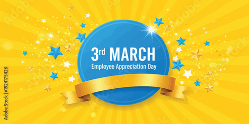 Blue badge with gold ribbon on vibrant yellow background for employee appreciation day