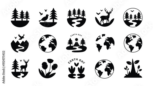 Earth day silhouette collection black icons featuring globe trees animals and eco friendly symbols on white background for environmental conservation and sustainability concepts