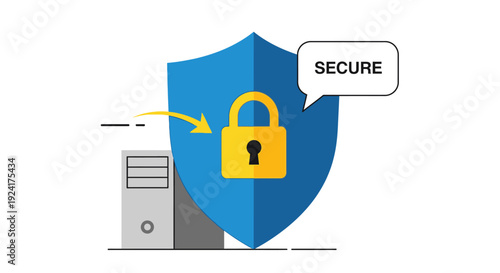 A secure server protected by a shield with a locked padlock ensuring data safety and privacy