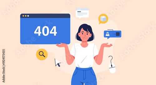 Woman confused by 404 error on computer screen while browsing online