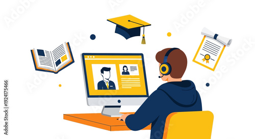 A student wearing headphones participates in an online class on a computer surrounded by educational materials and icons