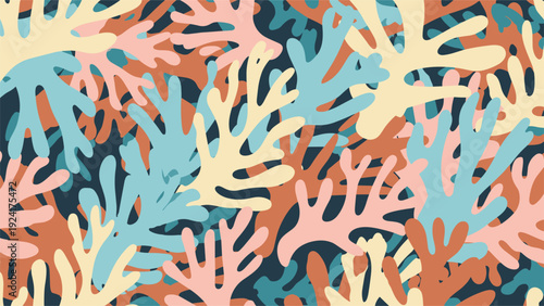 Abstract seamless pattern of colorful coral shapes in light blue, pink, yellow, and brown on a dark background, inspired by marine life and ocean.