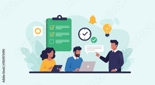 Illustration of three colleagues collaborating at a desk with digital devices and icons representing productivity and teamwork in a modern workspace from a straightforward viewpoint