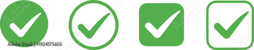 Green check mark icon set isolated on light background, approved and verified tick symbols collection for confirmation, success, validation, and quality design