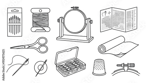 Set of black and white embroidery tools including a hoop, needles, thread, scissors, and a thimble in a simple line art illustration style for crafting concepts