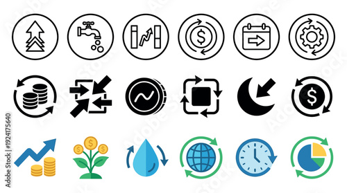 Diverse collection of business and finance icons illustrating concepts like cash flow, investment growth, recurring payments, and data cycles in line, solid, and flat styles