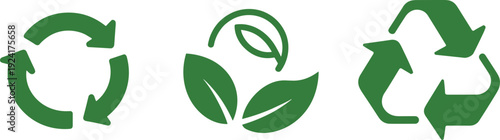 Green recycle and eco leaf icon set isolated on light background, sustainability and environmental protection symbols collection for organic and zero waste design