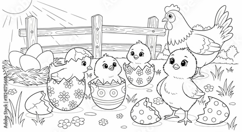 Easter Chicks Hatching from Decorated Eggs.