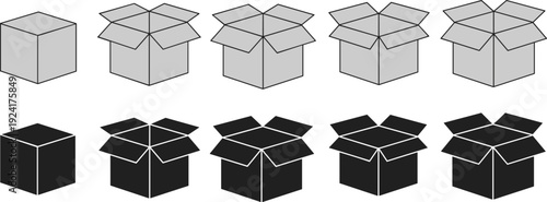 Open and closed cardboard box icon set isolated on light background, packaging and shipping container symbols collection for delivery, logistics, and ecommerce design