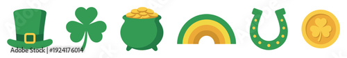 Saint Patrick's Day icon collection featuring a green leprechaun hat, shamrock, pot of gold, rainbow, lucky horseshoe, and a gold coin in a simple flat illustration style