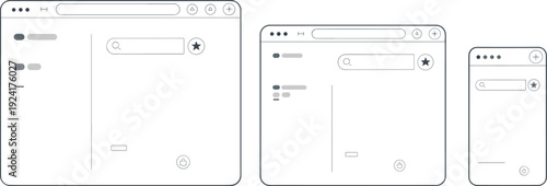 Responsive web design wireframe mockup set isolated on light background, desktop tablet and mobile interface templates for UI UX app and website development