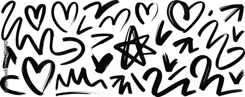 A versatile black and white abstract illustration with hand-drawn doodle elements, featuring expressive hearts, arrows, stars, and artistic scribbles for creative design