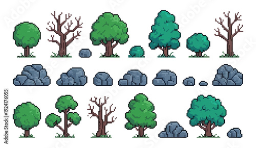 Pixel Plants and Stones Vector Set, Retro 8 Bit Video Game Sprite Assets with Rocks, Forest and Park Trees, Logs, Tree Trunks and Stumps, Isolated Game Illustration