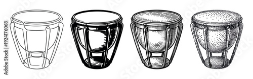 Set of four conga drum illustrations showing different artistic styles, including simple line art, bold silhouette, detailed engraving, and classic stippling