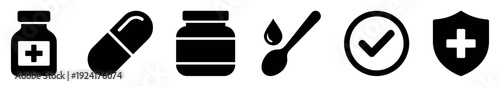 Set of black medical icons showing a pill bottle, capsule, supplement jar, spoon with syrup, approval checkmark, and protection shield for healthcare and pharmacy concepts