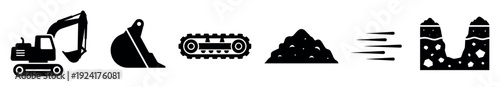 Set of black construction machinery icons showing an excavator, bucket, crawler track, pile of soil, and a dug trench, representing earthmoving and building work in a simple glyph style