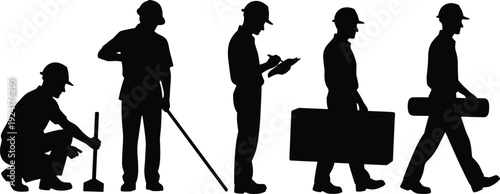 Construction worker silhouette collection, builders carrying tools equipment and materials isolated on white background industrial workforce vector illustration set