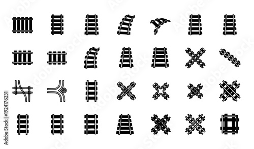 Flat railroad and railway train track icon collection isolated on transparent background