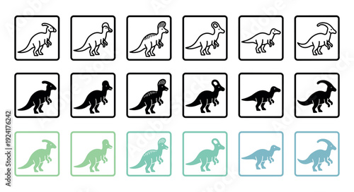 Set of eighteen dinosaur vector pictograms featuring different prehistoric species presented in black outline, solid silhouette, and simple pastel color variations