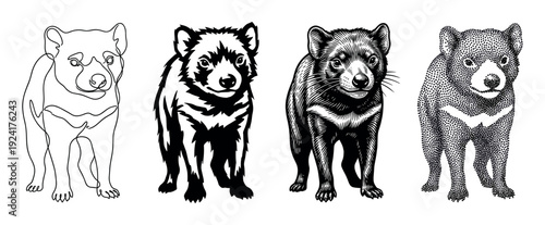 Four black and white Tasmanian devil illustrations presented in a collection of diverse graphic styles like one-line art, stencil, engraving, and stippling