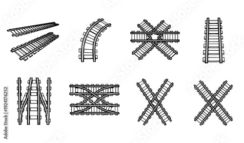 Minimal outline railway and curved train track vector icon set isolated on transparent background