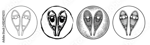 Set of four black snowshoe icons showcasing different artistic styles including line art, brush stroke, detailed engraving, and stippling for winter sports or outdoor themes