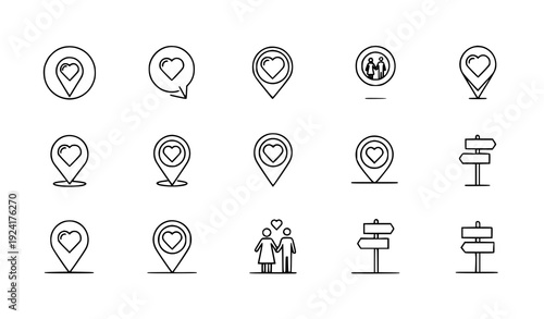 Minimal outline heart and love map pin icon set isolated on transparent background