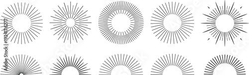 Sunburst rays icon set isolated on light background, vintage radial line badges and retro sunshine elements for logo, emblem, and graphic design