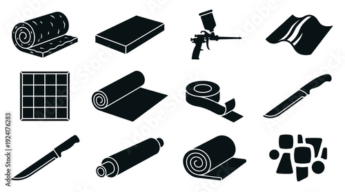 Building insulation and construction tools icon set featuring black silhouettes of foam panels, mineral wool rolls, spray guns, knives, and adhesive tape for renovation themes