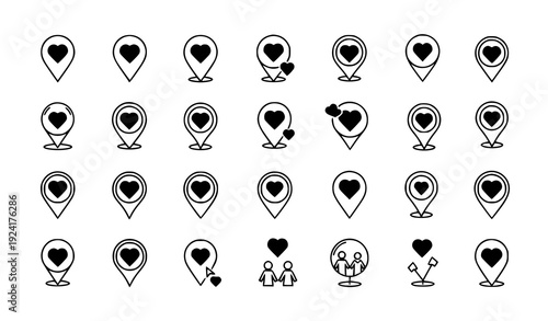 Flat love and heart location pin icon collection isolated on transparent background