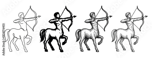 Four centaur archer zodiac sign illustrations in different artistic styles including line art, silhouette, engraving, and stippling, representing the mythological Sagittarius