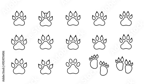 Minimal outline cat and dog paw icon set isolated on transparent background
