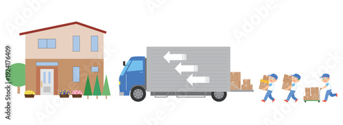 茶色い戸建ての家とトラックのイラスト