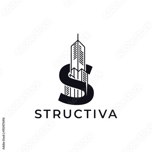 Modern S letter monogram with skyscraper silhouette for luxury real estate developer and property branding for Structiva logo