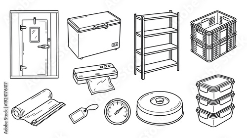 Set of hand-drawn food storage equipment illustrations for commercial kitchens, including a freezer, shelving, crates, containers, and a vacuum sealer in a simple line art style