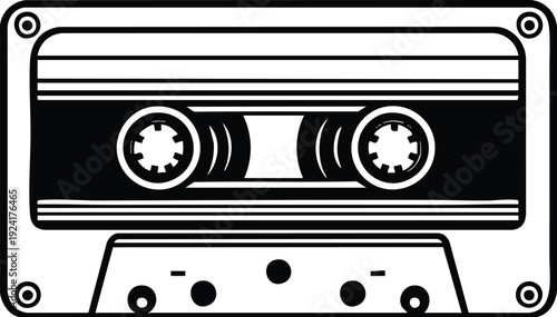 Retro cassette tape icon vintage audio symbol for music and nostalgia simple black and white vector illustration isolated on white isolated on white background