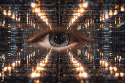 Exploring the depths of a digital eye in a futuristic landscape