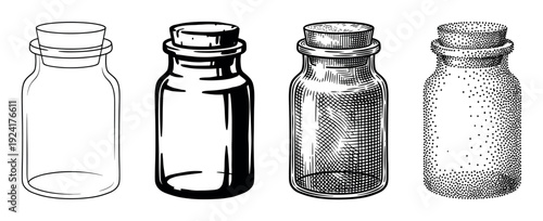 Four small glass jars with cork stoppers illustrated in a variety of artistic styles, including line art, silhouette, engraving, and stippling for a vintage, hand-drawn look
