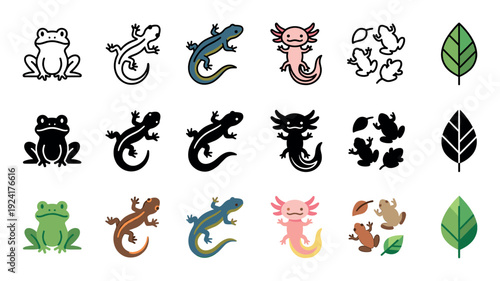 Collection of amphibian and reptile icons featuring a frog, lizard, salamander, and axolotl in three distinct styles: line art, solid silhouette, and flat color illustration