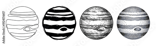 Four planet Jupiter illustrations in different artistic styles showing line art, ink sketch, vintage engraving, and stippling dotwork in a black and white graphic set