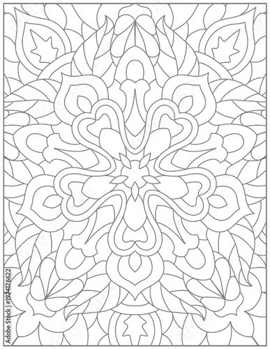 Black and white outline mandala pattern with intricate floral and leaf-like symmetrical designs for coloring