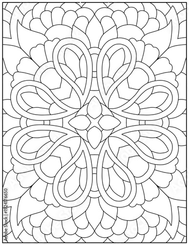 Abstract floral mandala coloring page vector illustration. Detailed outline pattern for adult stress relief and creative activity. Black and white line art.