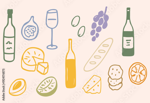 Wine and Cheese Doodle Icon Set – Grapes Citrus Bread Bottle Line Art Collection