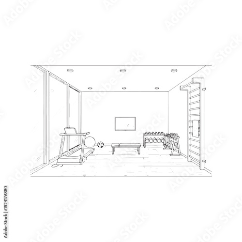 Home Gym Fitness Room Interior Sketch Black and White Coloring Page Vector Illustration
