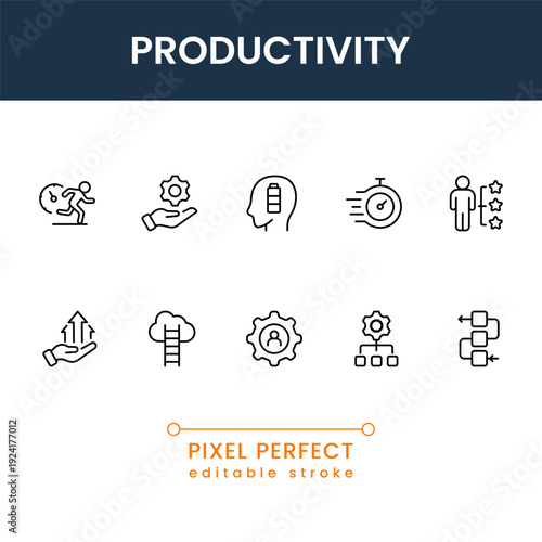 Modern productivity icon set vector collection with time management, business workflow and efficiency symbols flat design for web and print