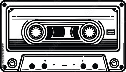 Minimalist black and white graphic illustration of a classic compact cassette tape isolated on a white background