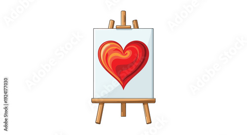 A wooden easel supports a white canvas displaying a stylized red heart with intricate orange swirls and curved patterns on a solid white background.