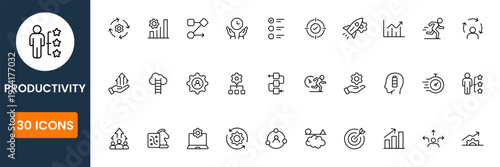 Professional productivity icon collection with business efficiency, project management and performance symbols modern flat vector set
