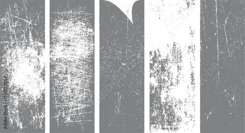 Five vertical grey and white distressed grunge texture panels with scratches and speckles