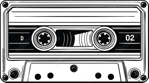 Minimalist black and white graphic illustration of a classic compact cassette tape isolated on a white background